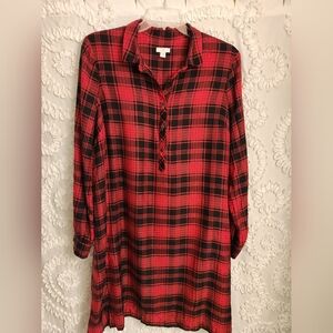 J. Jill Red black Plaid Shirt Dress Size L long sleeve pockets lumberjack chic